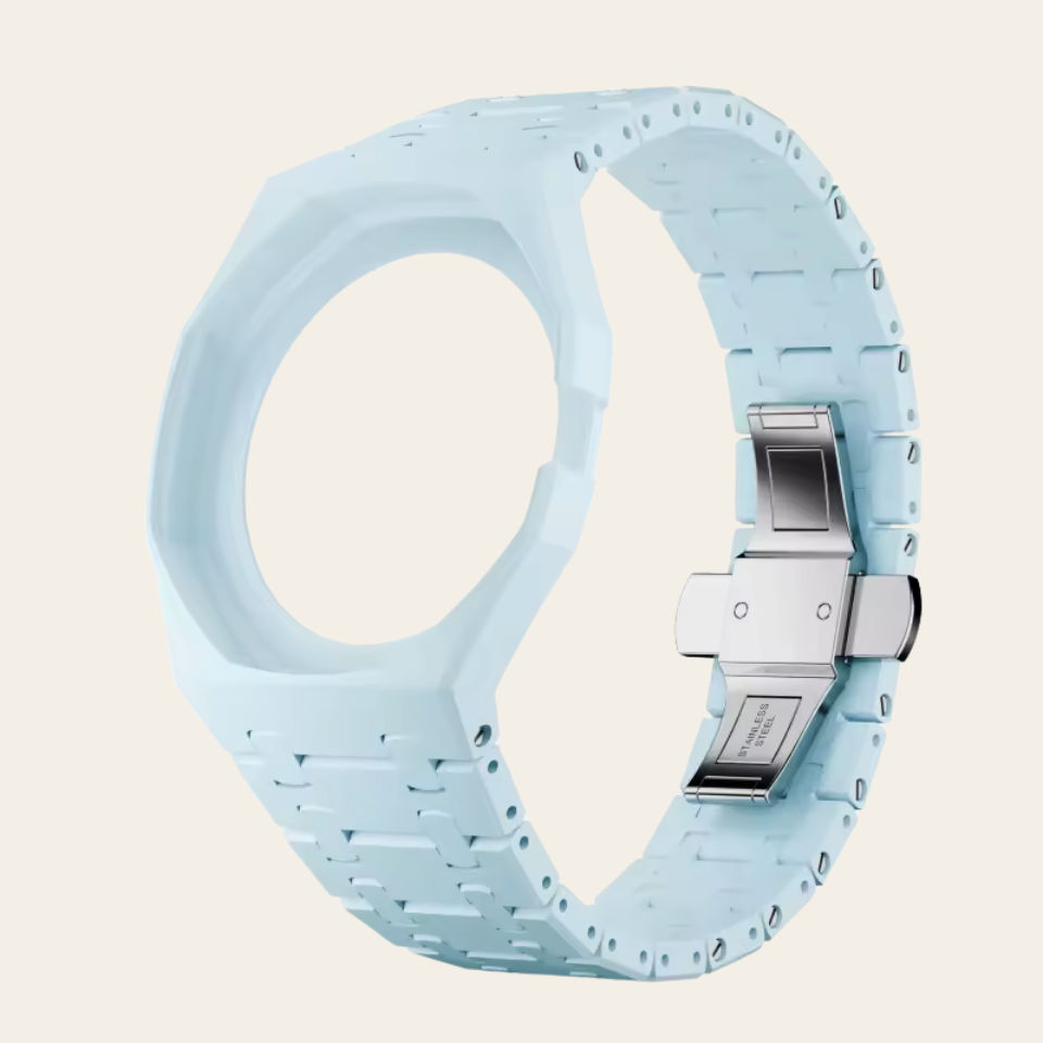 Royal Pop strap in Arctic Blue — bioceramic links wristband for the AP × Swatch Royal POP Savonnette, crown at 3