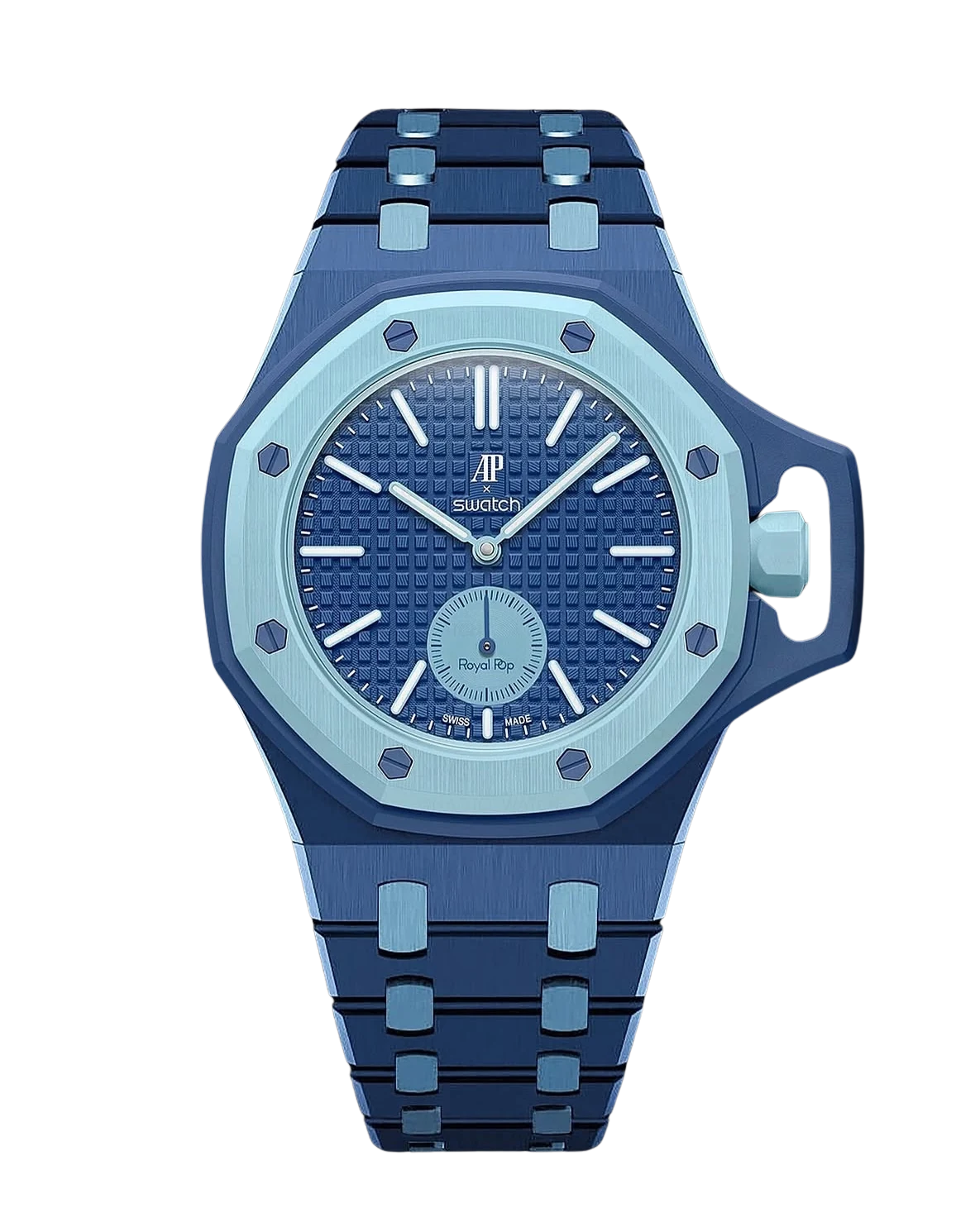 Royal Pop Lan Ba tailored watch strap on AP × Swatch Royal Pop pocket watch — Crown @ 3 · Strap II