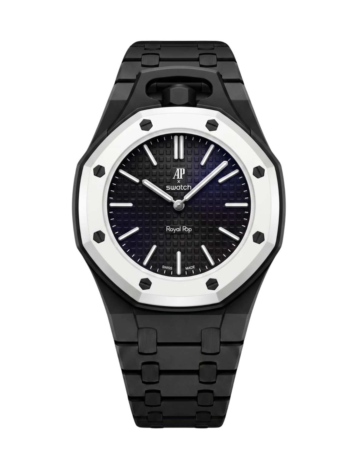 Royal Pop Onyx tailored watch strap on AP × Swatch Royal Pop pocket watch — Strap I, crown @ 12