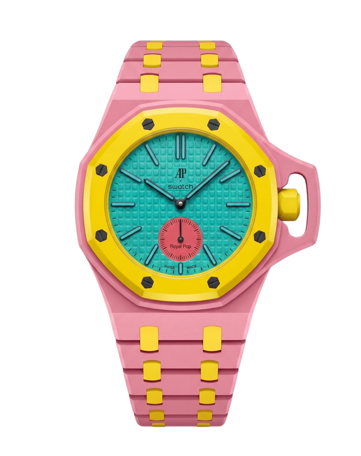 Royal Pop Otg Roz tailored watch strap on AP × Swatch Royal Pop pocket watch — Crown @ 3 · Strap II