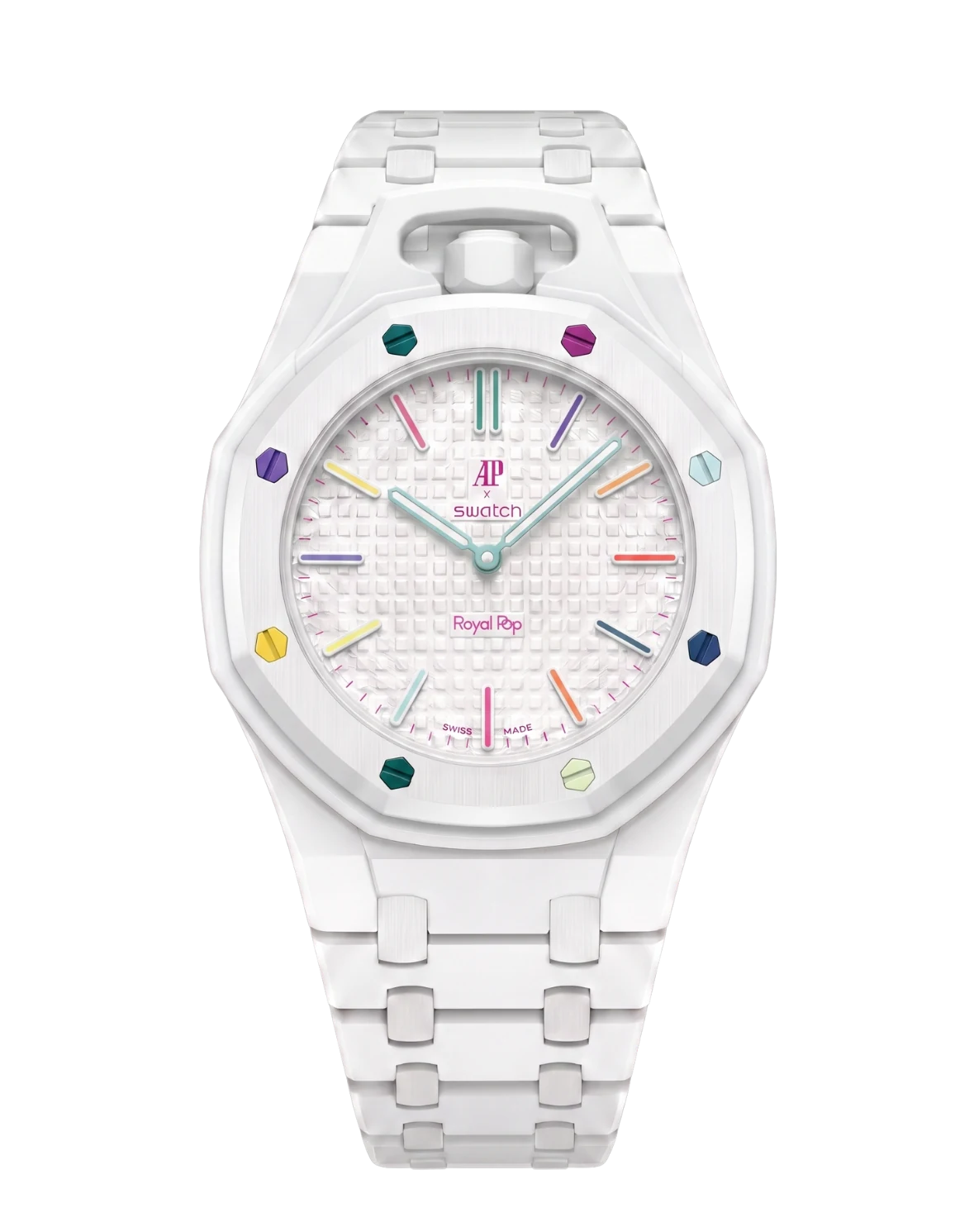 Royal Pop Huit Blanc watch strap for AP × Swatch Royal Pop pocket watch — Strap I, crown @ 12 o'clock